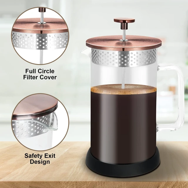 Alt view image 4 of 7 - Mini French Press Coffee Maker-304 Stainless Steel Grilles, Borosilicate Glass Small Coffee Press,Non-slip Silicone Base-12 oz /350 ml with 2 Filter Screen-2 Cup Teapot