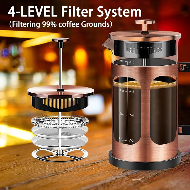 Alt view image 2 of 7 - YMMIND French Press Coffee Maker (34oz 1Quart 5-6Cup) Coffee Press, with 4 Filters System, Heat Resistant Thickness Borosilicate Glass, Cold Brew Coffee Tea Pot Gifts (Copper)