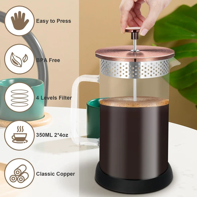 Alt view image 5 of 7 - Mini French Press Coffee Maker-304 Stainless Steel Grilles, Borosilicate Glass Small Coffee Press,Non-slip Silicone Base-12 oz /350 ml with 2 Filter Screen-2 Cup Teapot
