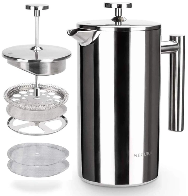 Main image of Secura French Press Coffee Maker, 304 Grade Stainless Steel Insulated Coffee Press with 2 Extra Screens, 34oz (1 Litre), Silver