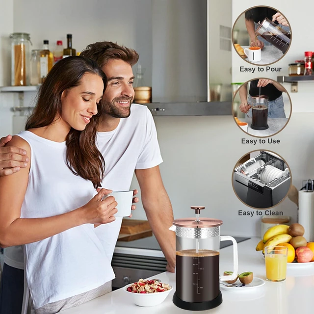 Alt view image 7 of 7 - Mini French Press Coffee Maker-304 Stainless Steel Grilles, Borosilicate Glass Small Coffee Press,Non-slip Silicone Base-12 oz /350 ml with 2 Filter Screen-2 Cup Teapot