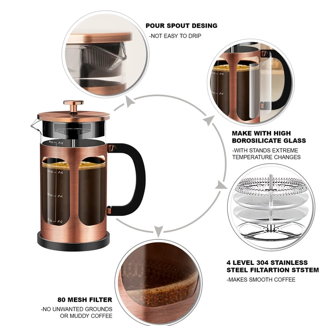 Alt view image 4 of 7 - YMMIND French Press Coffee Maker (34oz 1Quart 5-6Cup) Coffee Press, with 4 Filters System, Heat Resistant Thickness Borosilicate Glass, Cold Brew Coffee Tea Pot Gifts (Copper)