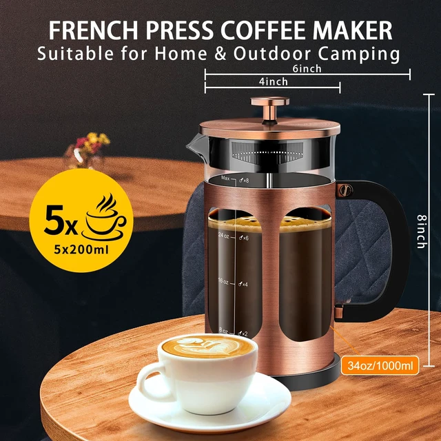 Alt view image 5 of 7 - YMMIND French Press Coffee Maker (34oz 1Quart 5-6Cup) Coffee Press, with 4 Filters System, Heat Resistant Thickness Borosilicate Glass, Cold Brew Coffee Tea Pot Gifts (Copper)