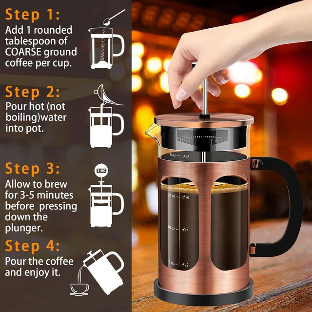 Alt view image 6 of 7 - YMMIND French Press Coffee Maker (34oz 1Quart 5-6Cup) Coffee Press, with 4 Filters System, Heat Resistant Thickness Borosilicate Glass, Cold Brew Coffee Tea Pot Gifts (Copper)