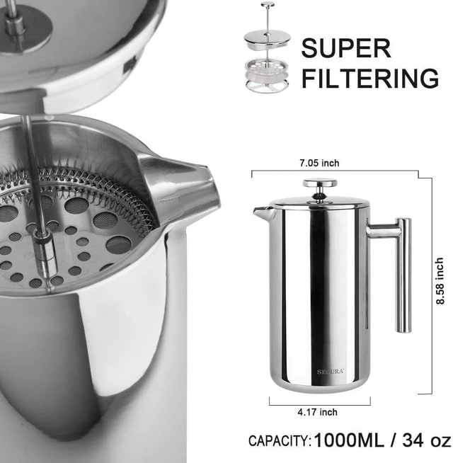 Alt view image 4 of 7 - Secura French Press Coffee Maker, 304 Grade Stainless Steel Insulated Coffee Press with 2 Extra Screens, 34oz (1 Litre), Silver