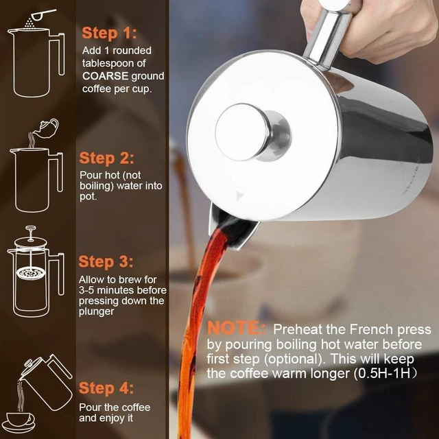 Alt view image 5 of 7 - Secura French Press Coffee Maker, 304 Grade Stainless Steel Insulated Coffee Press with 2 Extra Screens, 34oz (1 Litre), Silver