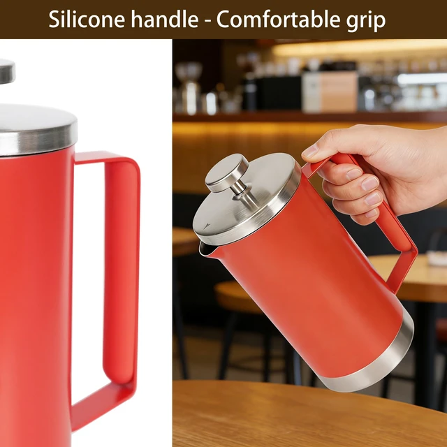 Alt view image 3 of 7 - French Press Coffee Maker, 20 oz (600 ml), Double-Wall Stainless Steel Coffee Press with Reusable Filter and Non-Slip Handle, for Home, Office and Camping, Red