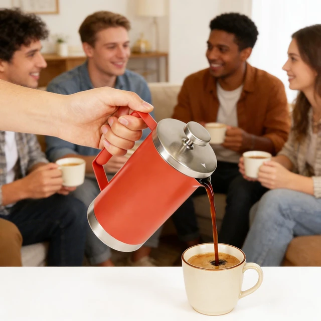 Alt view image 6 of 7 - French Press Coffee Maker, 20 oz (600 ml), Double-Wall Stainless Steel Coffee Press with Reusable Filter and Non-Slip Handle, for Home, Office and Camping, Red