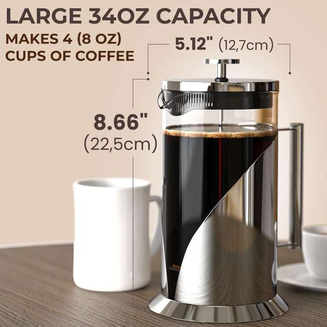 Alt view image 6 of 7 - French Press Coffee Maker, 34 oz, Coffee & Tea Pot for Kitchen, Camping