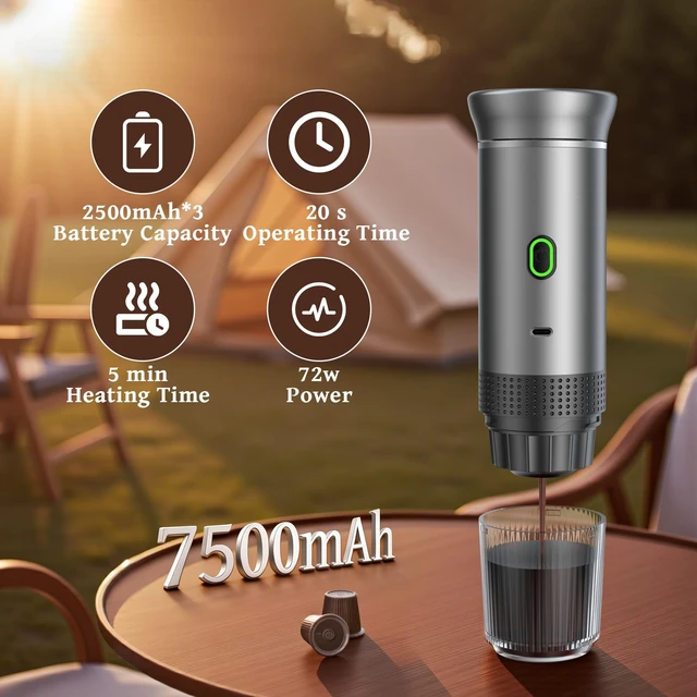 Alt view image 2 of 7 - Portable Coffee Maker, 20-Bar 3-in-1 Travel Coffee Machine with 7500mAh Battery, Compatible with Ground Coffee & Capsules for Camping, RV, Hiking, Car & Office