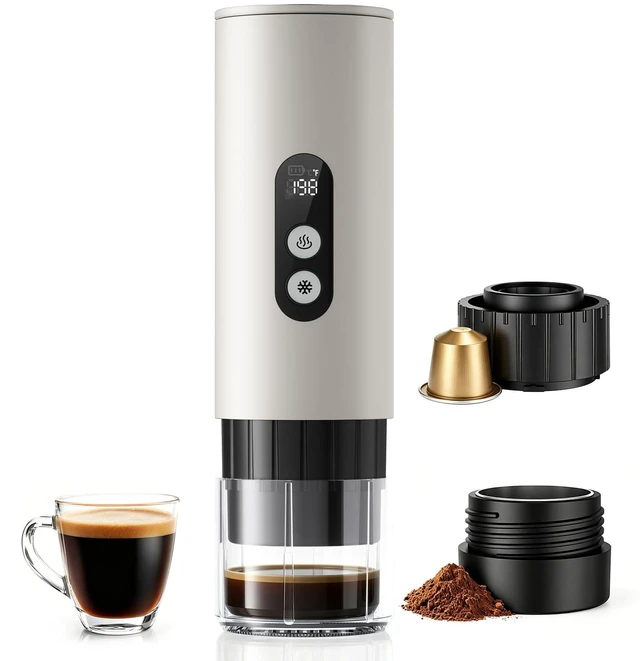 Main image of Portable Espresso Machine,Self-Heating Travel Coffee Maker with LCD Display,15 Bar,Capsules & Ground Coffee, USB-C Rechargeable,Camping,RV, Hiking,Office,White