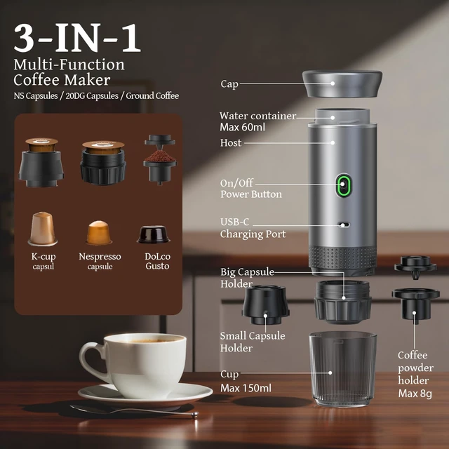 Alt view image 6 of 7 - Portable Coffee Maker, 20-Bar 3-in-1 Travel Coffee Machine with 7500mAh Battery, Compatible with Ground Coffee & Capsules for Camping, RV, Hiking, Car & Office