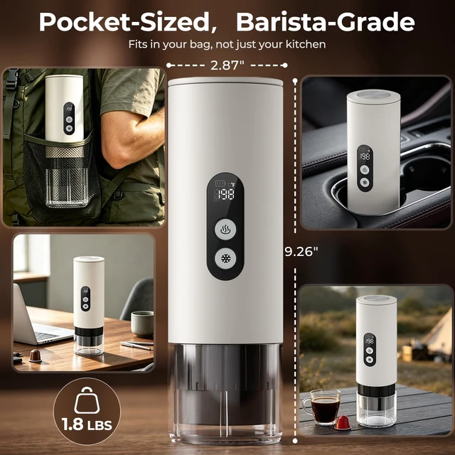 Alt view image 2 of 7 - Portable Espresso Machine,Self-Heating Travel Coffee Maker with LCD Display,15 Bar,Capsules & Ground Coffee, USB-C Rechargeable,Camping,RV, Hiking,Office,White