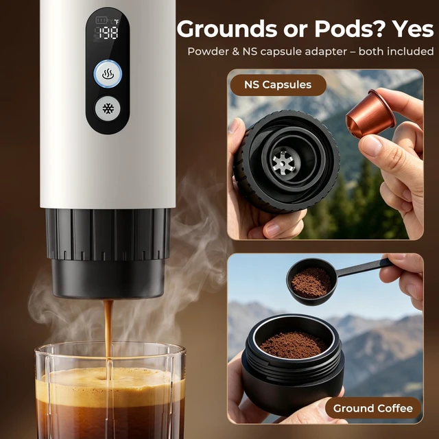 Alt view image 4 of 7 - Portable Espresso Machine,Self-Heating Travel Coffee Maker with LCD Display,15 Bar,Capsules & Ground Coffee, USB-C Rechargeable,Camping,RV, Hiking,Office,White