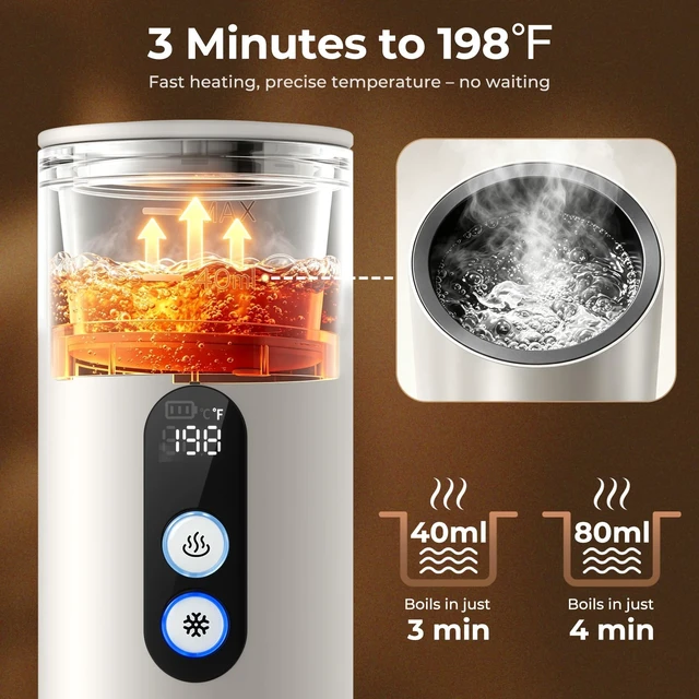 Alt view image 5 of 7 - Portable Espresso Machine,Self-Heating Travel Coffee Maker with LCD Display,15 Bar,Capsules & Ground Coffee, USB-C Rechargeable,Camping,RV, Hiking,Office,White