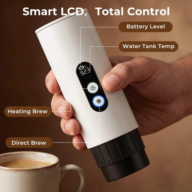 Alt view image 7 of 7 - Portable Espresso Machine,Self-Heating Travel Coffee Maker with LCD Display,15 Bar,Capsules & Ground Coffee, USB-C Rechargeable,Camping,RV, Hiking,Office,White
