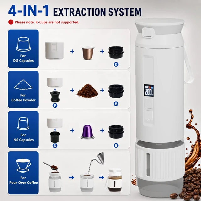 Alt view image 2 of 7 - 4-in-1 Portable Espresso Coffee Maker,Travel Mini Coffee Machine Camping RV