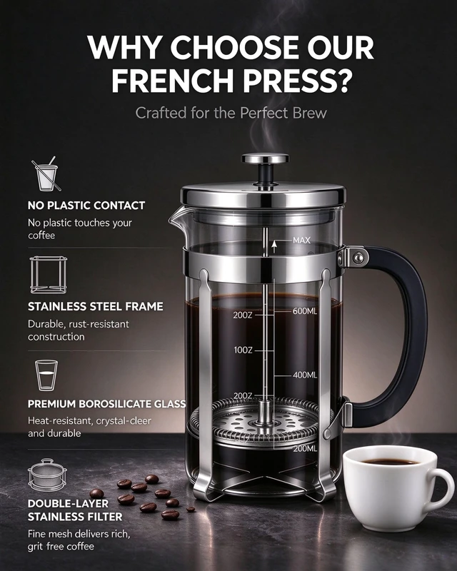 Alt view image 5 of 5 - French Press Coffee Maker 27oz, Thickened Glass Coffee French Press