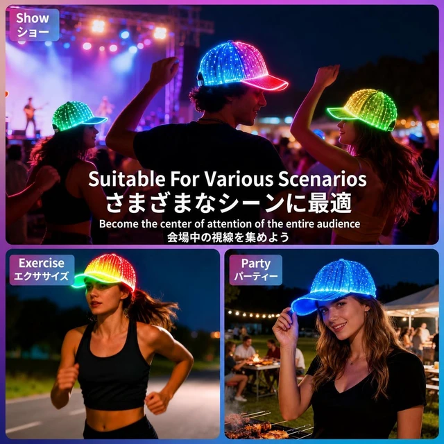 Alt view image 3 of 7 - LED Light Up Baseball Cap, 7 Color Luminous Fiber Optic Hat, USB Charging, for Rave, Christmas, Hip Hop