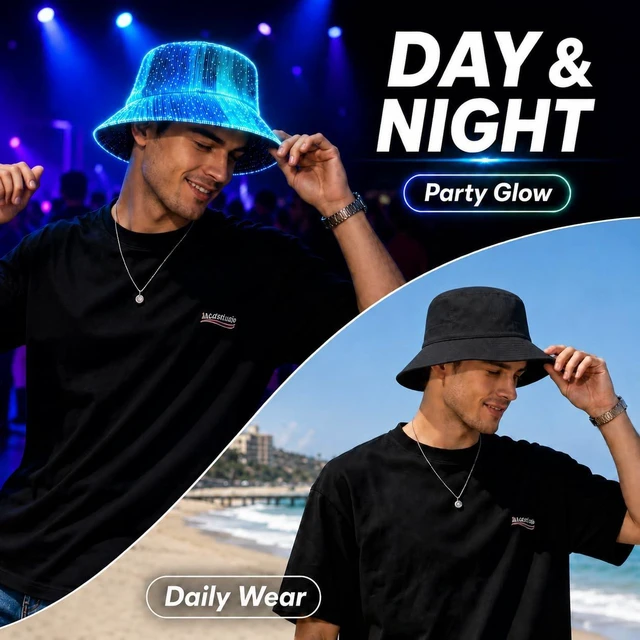 Alt view image 2 of 5 - LED Light Up Fiber Optic Bucket Hat, 7 Colors Rechargeable Rave Hat