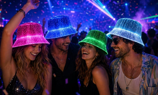 Alt view image 3 of 5 - LED Light Up Fiber Optic Bucket Hat, 7 Colors Rechargeable Rave Hat