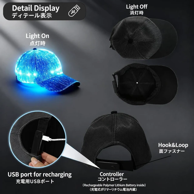 Alt view image 5 of 7 - LED Light Up Baseball Cap, 7 Color Luminous Fiber Optic Hat, USB Charging, for Rave, Christmas, Hip Hop