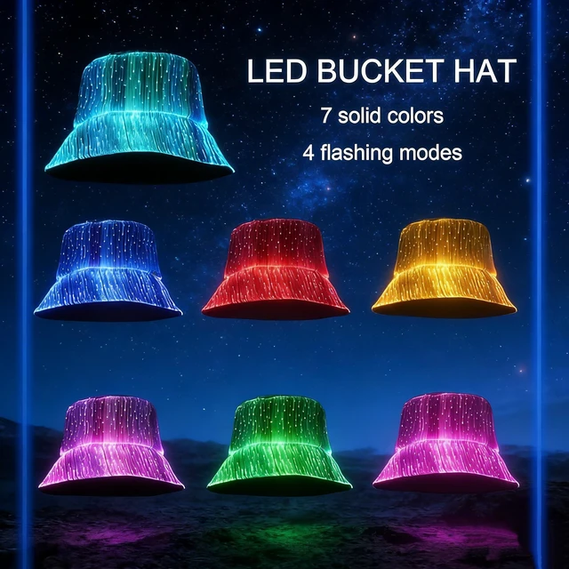Alt view image 4 of 5 - LED Light Up Fiber Optic Bucket Hat, 7 Colors Rechargeable Rave Hat