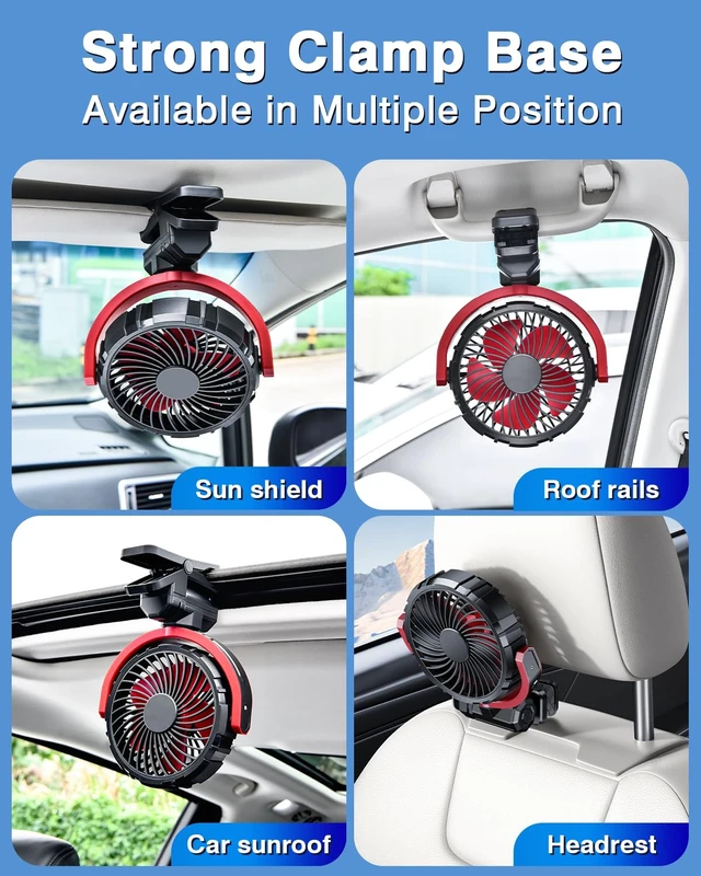 Alt view image 2 of 7 - Car Clip on Fan for Sun Visor Handle, 2000Mah Rechargeable Battery Powered Usb Fans That Blow Cold Air, Portable Car Cooling Fan for Cars without Ac, for Vehicle, Van, Suv, Rv, Truck, Red