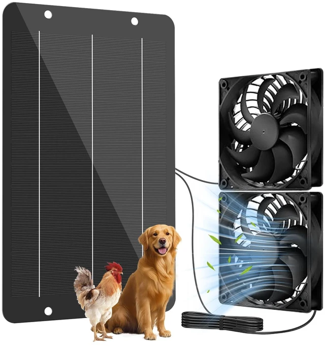 Main image of Solar Powered Fan Kit 12.6 Inch IPX7 Weatherproof, 15W Solar Panel with 2 Waterproof Fans, Intake or Exhaust Air Fan for Outside Backyard Chicken Coops, Greenhouses, Doghouse