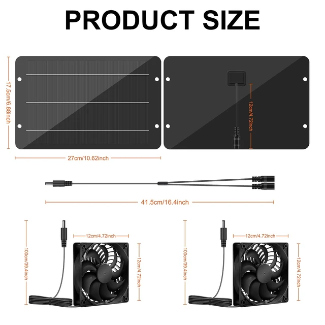 Alt view image 2 of 7 - Solar Powered Fan Kit 12.6 Inch IPX7 Weatherproof, 15W Solar Panel with 2 Waterproof Fans, Intake or Exhaust Air Fan for Outside Backyard Chicken Coops, Greenhouses, Doghouse