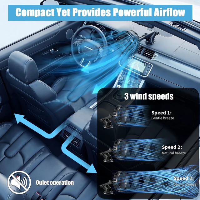 Alt view image 5 of 7 - 2 Set Portable Car USB Powered Auto Fan with Suction Cup Universal Small Silent Cooling Vent Fan 360° Rotatable, 3 Speed Regulation Low Noise, for Vehicle Truck Suv Car Van Rv Pickup