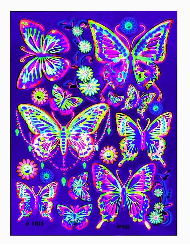 Main image of Temporary Tattoos 1 Sheet Butterfly Design Body Paint Art Blacklight Reactive Light Festival Accessories Glow in the Dark Party Supplies | 7.2 x 5.2 Temp Great for EDM EDC Party Rave Parties