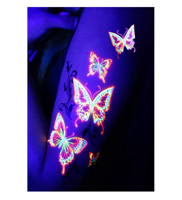 Alt view image 2 of 7 - Temporary Tattoos 1 Sheet Butterfly Design Body Paint Art Blacklight Reactive Light Festival Accessories Glow in the Dark Party Supplies | 7.2 x 5.2 Temp Great for EDM EDC Party Rave Parties
