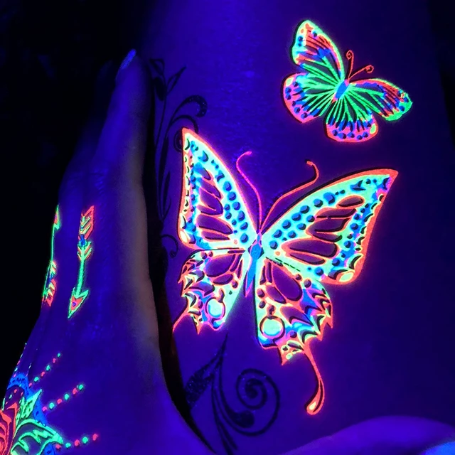 Alt view image 3 of 7 - Temporary Tattoos 1 Sheet Butterfly Design Body Paint Art Blacklight Reactive Light Festival Accessories Glow in the Dark Party Supplies | 7.2 x 5.2 Temp Great for EDM EDC Party Rave Parties