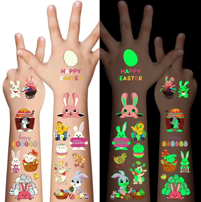 Main image of 80Pcs Easter luminous temporary tattoos for kids,Glow in The Dark Easter Basket party Tattoos stickers, dwarf colored egg carrot rabbit egg facial makeup Tattoos, holiday party Supplies Favors Gifts