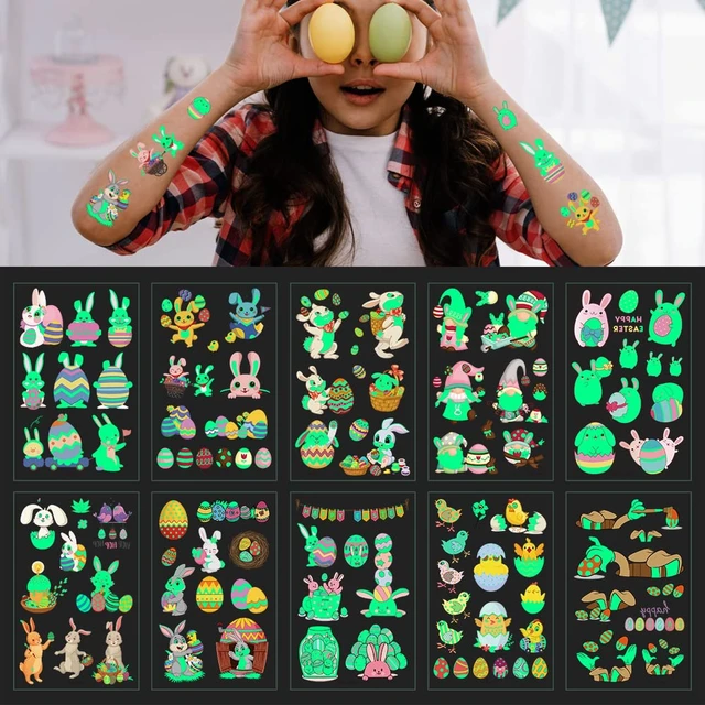 Alt view image 2 of 7 - 80Pcs Easter luminous temporary tattoos for kids,Glow in The Dark Easter Basket party Tattoos stickers, dwarf colored egg carrot rabbit egg facial makeup Tattoos, holiday party Supplies Favors Gifts