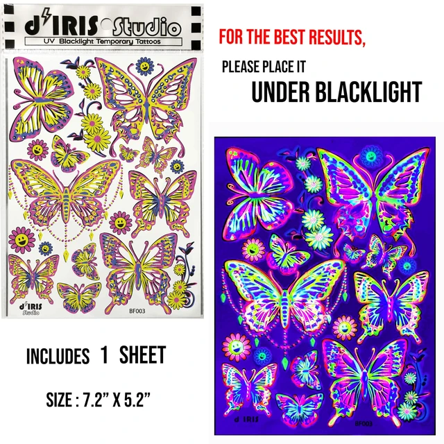 Alt view image 4 of 7 - Temporary Tattoos 1 Sheet Butterfly Design Body Paint Art Blacklight Reactive Light Festival Accessories Glow in the Dark Party Supplies | 7.2 x 5.2 Temp Great for EDM EDC Party Rave Parties