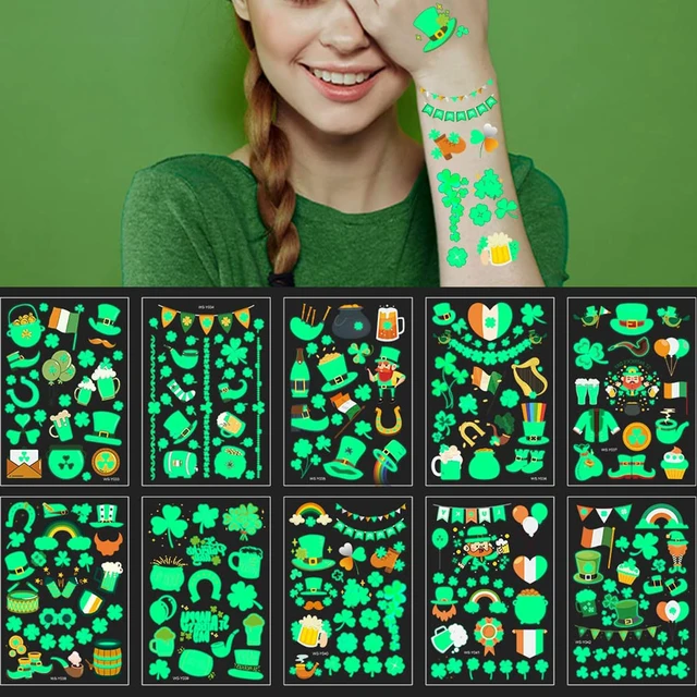 Main image of St Patricks Day luminous Temporary Tattoos, 145pcs Irish Festival Glow in The Dark Tattoos, St Patrick's Day Stickers Decorations, Green Shamrock Clover Hat Kiss Me Irish Decor Favors Parade Supplies