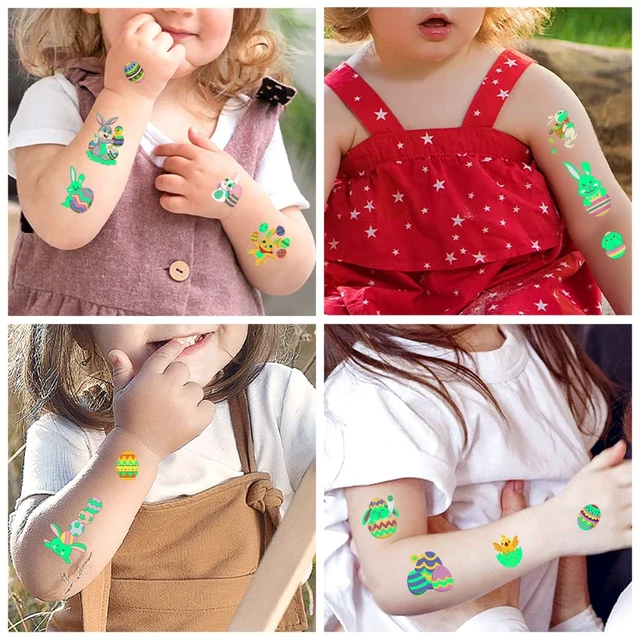 Alt view image 3 of 7 - 80Pcs Easter luminous temporary tattoos for kids,Glow in The Dark Easter Basket party Tattoos stickers, dwarf colored egg carrot rabbit egg facial makeup Tattoos, holiday party Supplies Favors Gifts