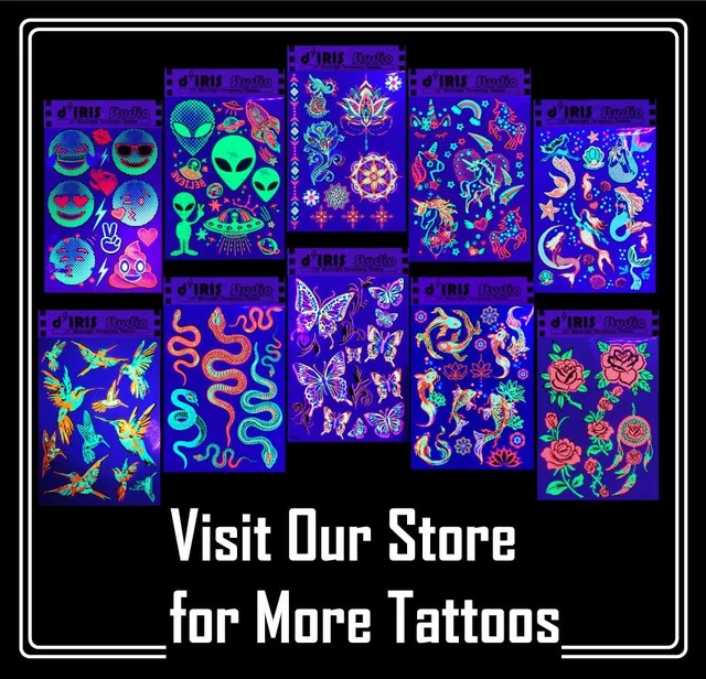 Alt view image 5 of 7 - Temporary Tattoos 1 Sheet Butterfly Design Body Paint Art Blacklight Reactive Light Festival Accessories Glow in the Dark Party Supplies | 7.2 x 5.2 Temp Great for EDM EDC Party Rave Parties