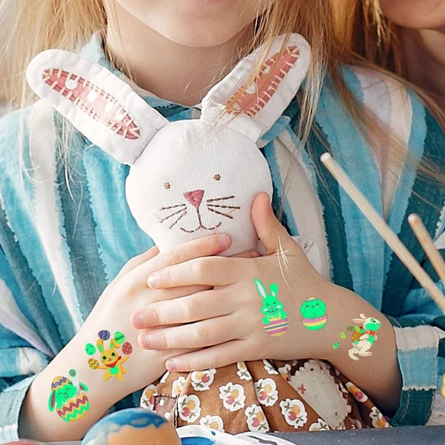 Alt view image 4 of 7 - 80Pcs Easter luminous temporary tattoos for kids,Glow in The Dark Easter Basket party Tattoos stickers, dwarf colored egg carrot rabbit egg facial makeup Tattoos, holiday party Supplies Favors Gifts