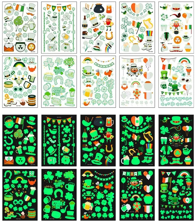 Alt view image 2 of 7 - St Patricks Day luminous Temporary Tattoos, 145pcs Irish Festival Glow in The Dark Tattoos, St Patrick's Day Stickers Decorations, Green Shamrock Clover Hat Kiss Me Irish Decor Favors Parade Supplies