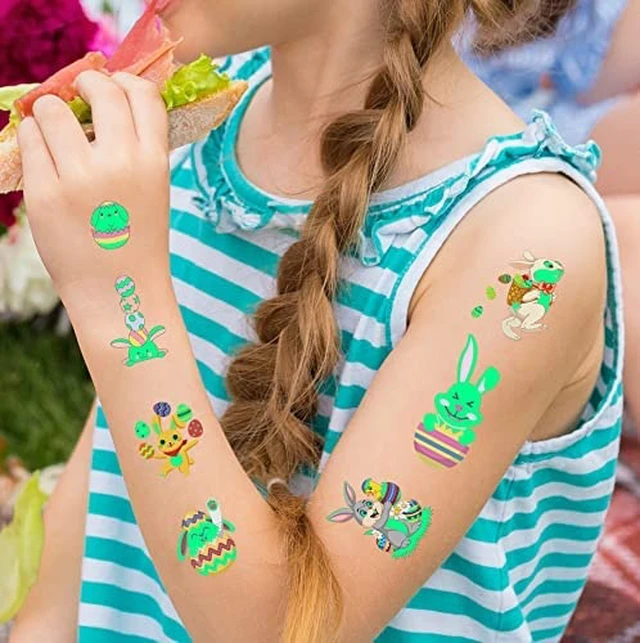 Alt view image 5 of 7 - 80Pcs Easter luminous temporary tattoos for kids,Glow in The Dark Easter Basket party Tattoos stickers, dwarf colored egg carrot rabbit egg facial makeup Tattoos, holiday party Supplies Favors Gifts