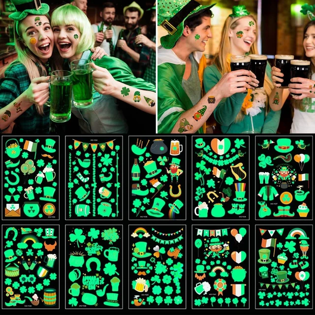 Alt view image 3 of 7 - St Patricks Day luminous Temporary Tattoos, 145pcs Irish Festival Glow in The Dark Tattoos, St Patrick's Day Stickers Decorations, Green Shamrock Clover Hat Kiss Me Irish Decor Favors Parade Supplies