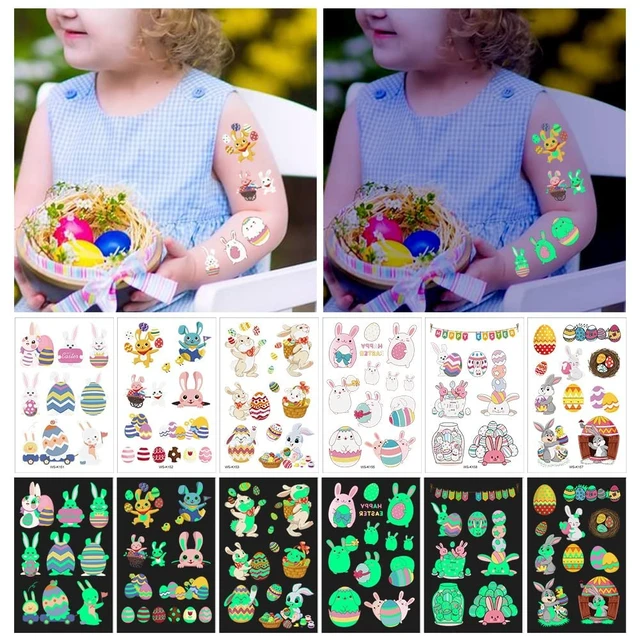 Alt view image 6 of 7 - 80Pcs Easter luminous temporary tattoos for kids,Glow in The Dark Easter Basket party Tattoos stickers, dwarf colored egg carrot rabbit egg facial makeup Tattoos, holiday party Supplies Favors Gifts