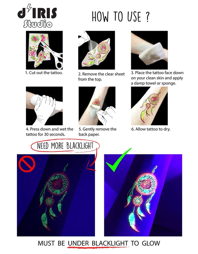 Alt view image 6 of 7 - Temporary Tattoos 1 Sheet Butterfly Design Body Paint Art Blacklight Reactive Light Festival Accessories Glow in the Dark Party Supplies | 7.2 x 5.2 Temp Great for EDM EDC Party Rave Parties