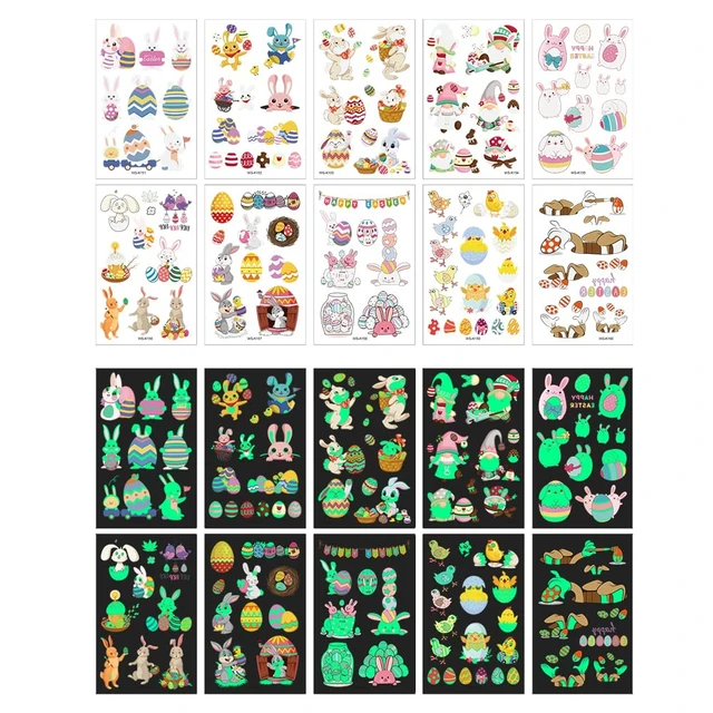 Alt view image 7 of 7 - 80Pcs Easter luminous temporary tattoos for kids,Glow in The Dark Easter Basket party Tattoos stickers, dwarf colored egg carrot rabbit egg facial makeup Tattoos, holiday party Supplies Favors Gifts