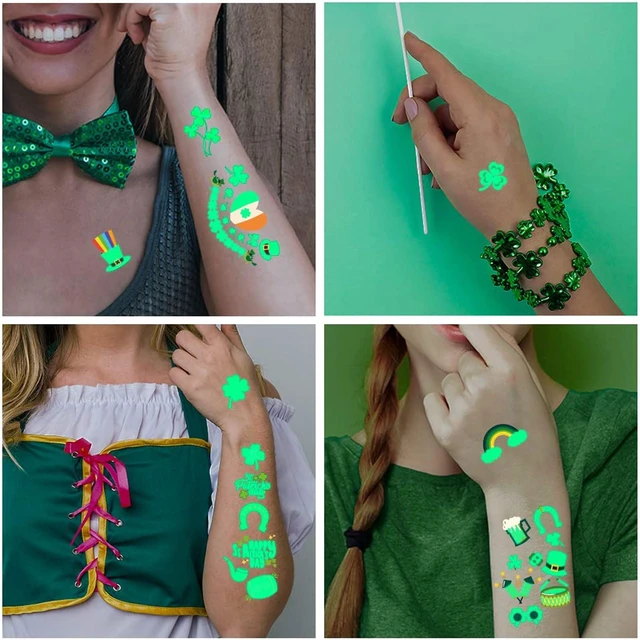 Alt view image 4 of 7 - St Patricks Day luminous Temporary Tattoos, 145pcs Irish Festival Glow in The Dark Tattoos, St Patrick's Day Stickers Decorations, Green Shamrock Clover Hat Kiss Me Irish Decor Favors Parade Supplies