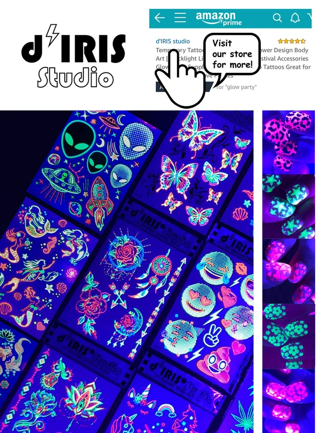 Alt view image 7 of 7 - Temporary Tattoos 1 Sheet Butterfly Design Body Paint Art Blacklight Reactive Light Festival Accessories Glow in the Dark Party Supplies | 7.2 x 5.2 Temp Great for EDM EDC Party Rave Parties