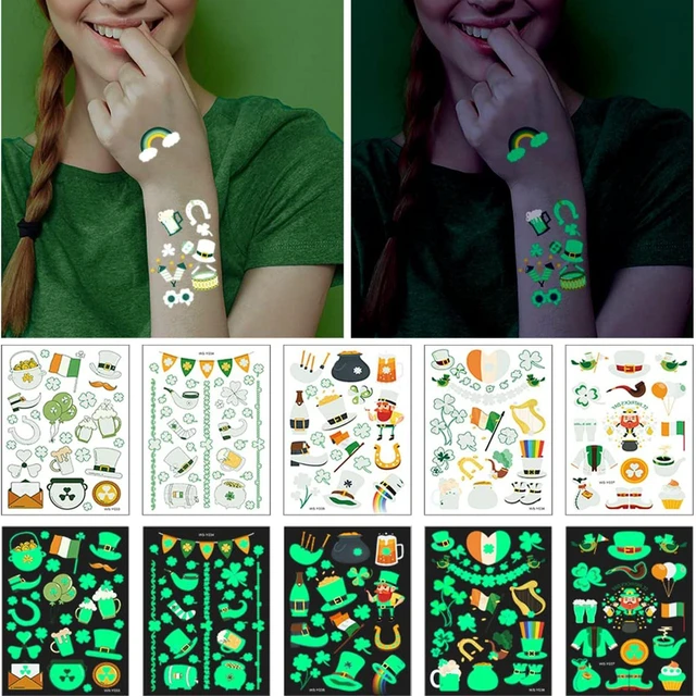 Alt view image 5 of 7 - St Patricks Day luminous Temporary Tattoos, 145pcs Irish Festival Glow in The Dark Tattoos, St Patrick's Day Stickers Decorations, Green Shamrock Clover Hat Kiss Me Irish Decor Favors Parade Supplies